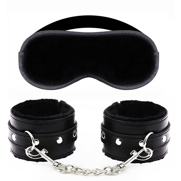 Super Soft Comfortable Leather Adjustable Handcuff Soft Fur Leather Handcuffs Multifunctional Bangle Handcuffs and Blindfold Eye Mask for Sex Play (Red)
