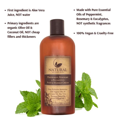Peppermint, Rosemary & Eucalyptus Massage & Foot Cream | Repairs & Hydrates Dry Cracked Feet | Therapeutic Massage Cream | Soothing Peppermint Foot Lotion | 4oz
