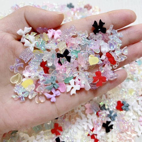 SUKPSY 100 Pcs Mixed Style 3D Nail Art Decorations Cute Bows Aurora Glitter Nail Rhinestone Resin Nail Charms for DIY Nail Art Design Accessories