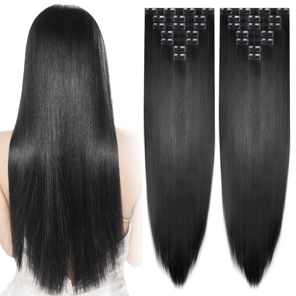 14 Pieces Clip in Hair Extensions Long Straight Hair Pieces 24 Inch 260g Hair Extensions High Temperature Synthetic Fiber Double Weft Soft Hair for Women Full Head (Black)