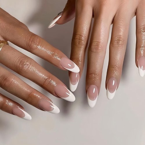 White French Tip Press on Nails Medium Almond Fake Nails Press ons with Designs Glossy Full Cover Acrylic False Nails Stick on Nails Cute Artificial Glue on Nails for Women Manicure 24Pcs