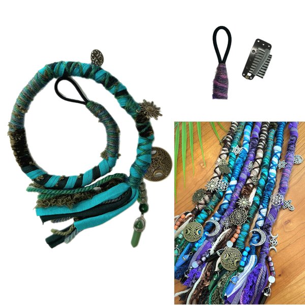 Nutty Natte Handmade Hair Wrap Extension Dreadlocks hairclip fabric and woolen yarn Colorful Tribal Fairy Lock Hair Wrap Dread Wrap Braid with crystal charms (Green)