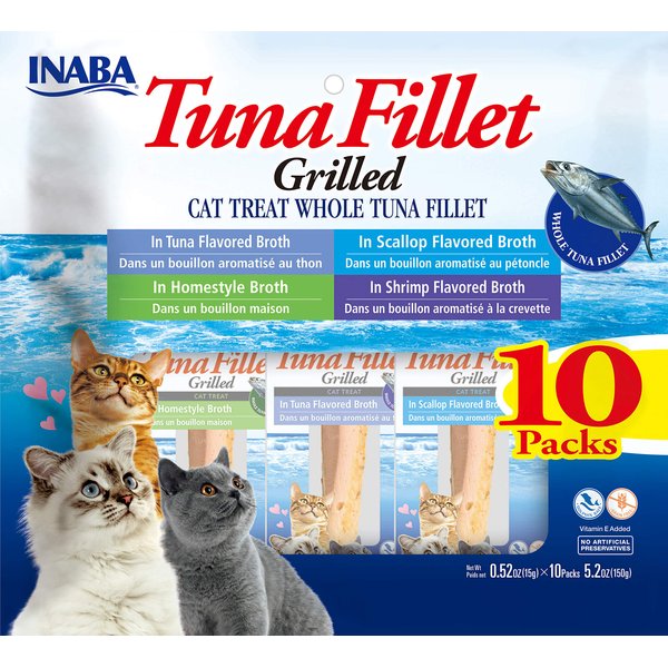 INABA Natural, Premium Hand-Cut Grilled Tuna Fillet Cat Treats/Topper/Complement with Vitamin E and Green Tea Extract, 0.52 Ounces Each, Pack of 10, Variety Pack