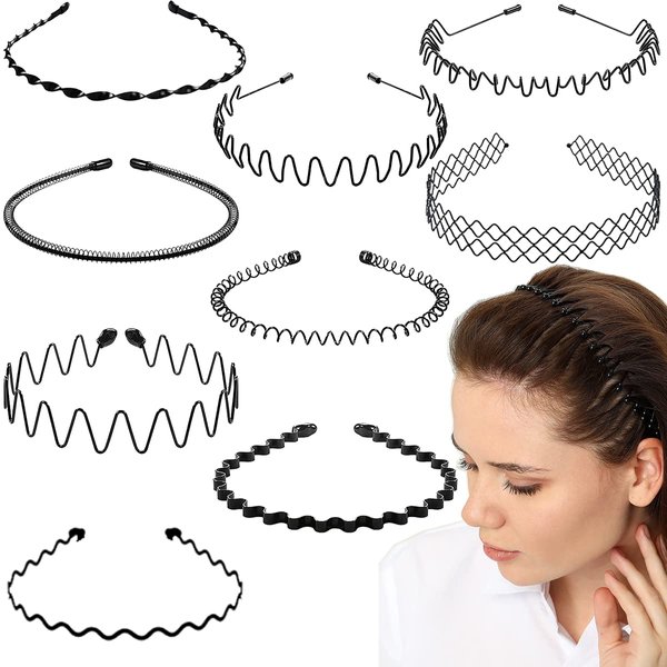 BOYIVI 9 Pieces Metal Hairband for Men and Women Unisex Adjustable Black Wavy Hair Band Non-slip Spring and Summer Home Outdoor Hair Hoop Fashion Simple Elastic Hair Accessories (Style A)