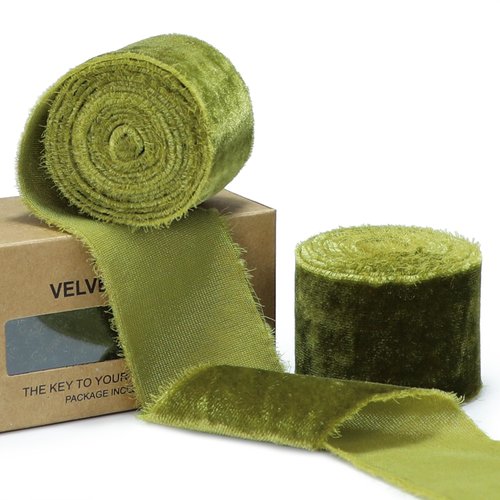 Keypan Chirtsmas Tree Ribbon Olive Green Velvet Ribbon for Gift Wrapping - 1 1/2 inch Wide Handmade Fringe Fabric Ribbon for Winter Decor Baby Shower, Flower Bouquet
