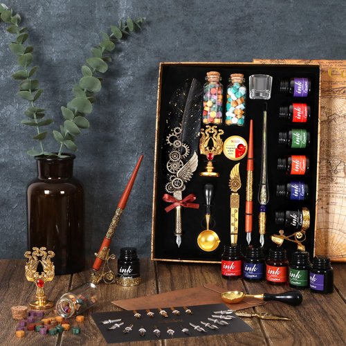 CunMei Quill Pen and Ink Set - Mechanical Punk Feather pen - Wooden Dip Pen - Glass Drawing Pen - Multi Ink Calligraphy Pen Set - Basic Wax Seal Stamp Kit- 17 Calligraphy Nibs（Black）