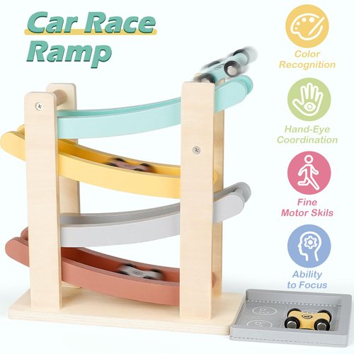 Car Ramp Toys for One Year Old Boy Birthday Gifts, Wooden Montessori Toys for 1 2 Year Old, Race Track Truck Toy with 4 Mini Cars/1 Parking Lot, First Christmas Birthday Gifts for Toddlers 1-3-2-4