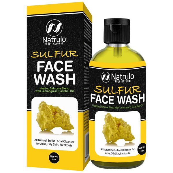Natrulo Sulfur Facial Cleanser for Oily Skin - 4oz Liquid, All Natural Ingredients, Absorbs Excess Oil, Reduces Breakouts, Sulfur 10% - USA Made