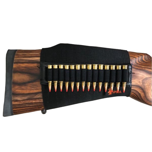 SPIKA Rifle Buttstock Shell Holder, 14 Rounds Rifle Cheek Riser Stock Ammo Pouch .17 .22 Bullet Holder with Nylon Leather