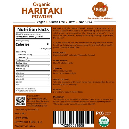 Iyasa Holistics Organic Haritaki Powder, Harde, Harad, Terminalia chebula, Kadakapudi, Ayurveda herb for Digestion, Gas Relief, Healthy Bowel Function, superfood, Resealable Pouch of 4 oz