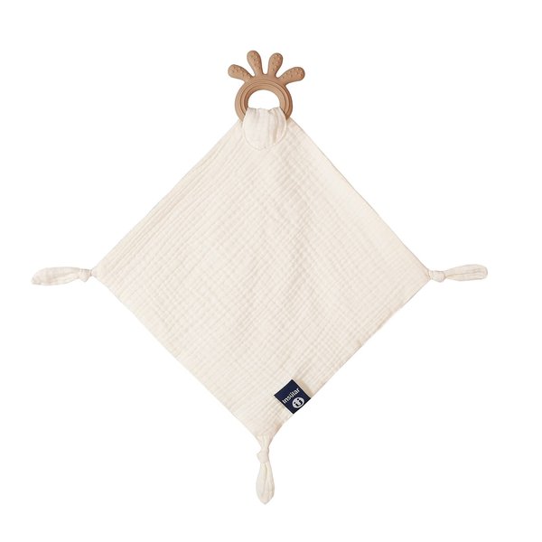Baby Muslin Security Blanket with Food Grade Silionce Teether,Soothe Teething Toy for Boys and Girls (Cream)