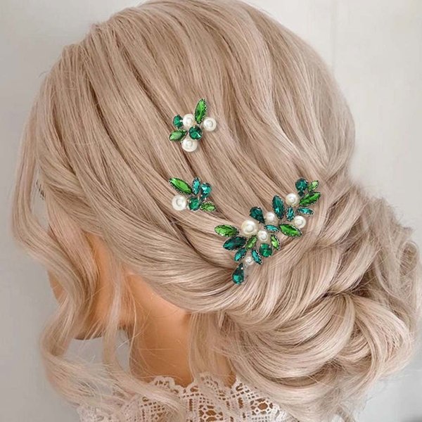 Casdre Green Rhinestone Bridal Hair Pins Silver Crystal Bride Wedding Hair Pieces Pearl Hair Accessories for Women and Girls (Pack of 3)
