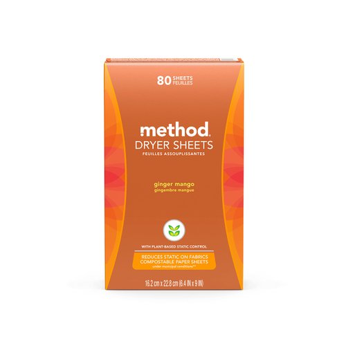 Method Dryer Sheets, Ginger Mango, Fabric Softener and Static Reducer, Compostable and Plant-Based Laundry Essentials, 80 Count (Pack of 1)