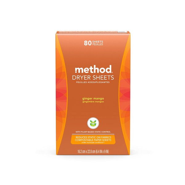 Method Dryer Sheets, Ginger Mango, Fabric Softener and Static Reducer, Compostable and Plant-Based Laundry Essentials, 80 Count (Pack of 1)