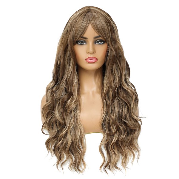 SWACC Long Curly Wavy Wig with Bangs Synthetic Hair Wig for Women with Wig Cap (Brown Blond Highlight)