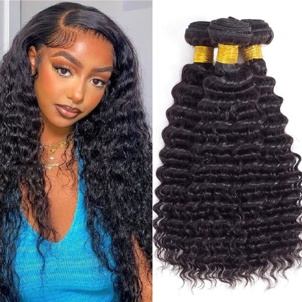 12A Brazilian Deep Wave Human Hair 3 Bundles 14" 14" 14" Pineapple Deep Wave Bundles 100% Unprocessed Virgin Remy Hair Bundles Deep Curly Human Hair Weft for Black Women Natural Color