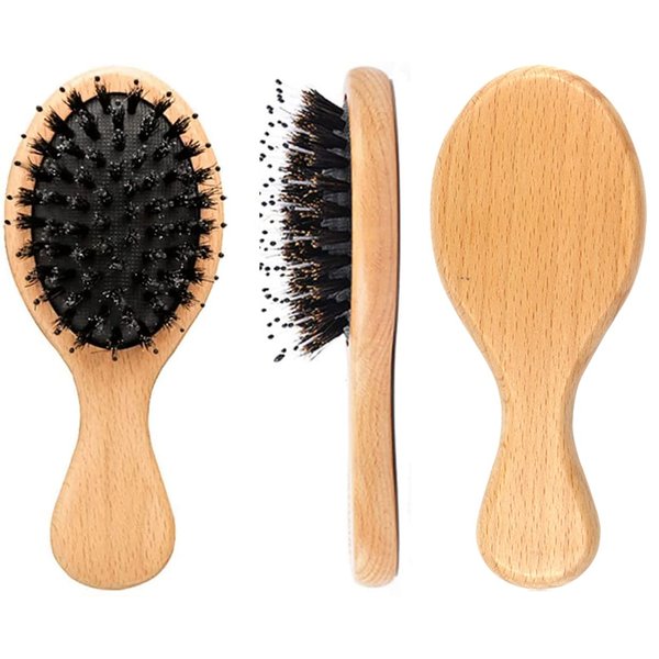 Boar Bristle Detangling Hair Brush Wooden Paddle Brush for Women Men Kids, Anti-frizz Mini Detangler Brush Styling Hairbrush Comb for Curly Fine Hair