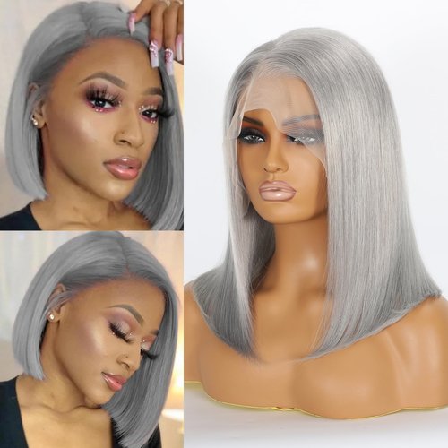CBQHTY Grey Color Full 13x6 Bob Lace Frontal Wig Human Hair Straight Transparent Lace Front Wigs 180 Density Pre Plucked with Baby Hair Short Glueless Gray Colored Wigs for Black Women