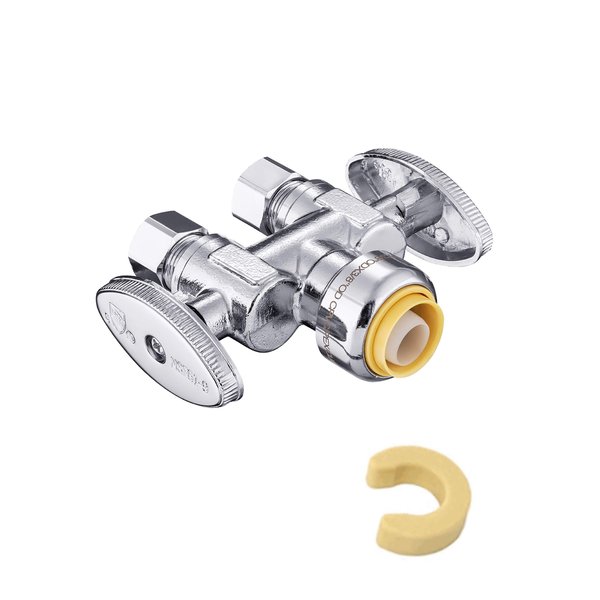 EFIELD Push Fit 1/2" x Dual 3/8" ; OD Compression Straight Stop Valve 1/4 Turn with a Disconnect Clip Tool