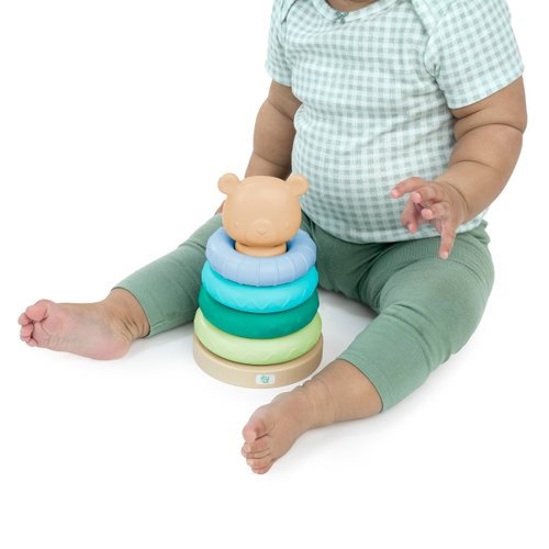 Ingenuity: ity by Ingenuity Cutie Stacks, 4 BPA-Free Rings, Faux Wood Stand, Bear Topper, Unisex, for Ages 6 Months and Up - Nate