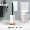 Toilet Paper Holder Stand, Modern Bamboo Base Free Standing Toilet Paper Holder with Storage, Sturdy Black Metal Stand with Weighted Base, Sleek and Decorative Freestanding Bathroom Toilet Roll Holder