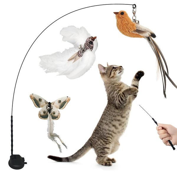 Cat Feather Toys, Cat Wand Toy with Powerful Suction Cup Detachable, 1 PCS Cat Wand Toy and 3 PCS Feather Replacements with Bell, Interactive Cat Toy Kitten Toys for Play Chase Exercise Indoor