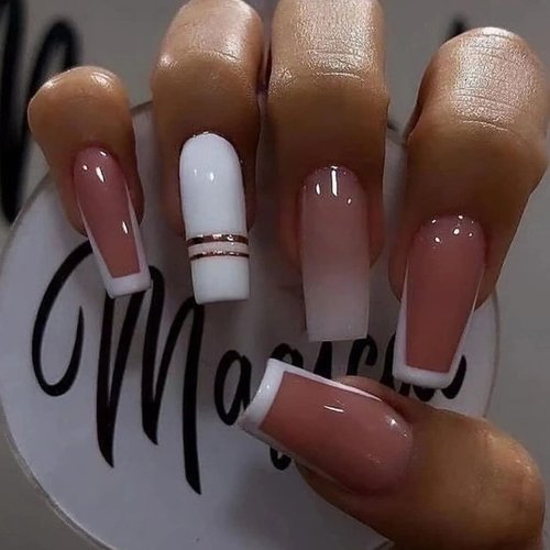 MISUD Long Coffin Press on Nails Ballerina Fake Nails Glossy Glue on Nails White French Tip Acrylic Nails Pink Gradient False Nails with Design 24 pcs