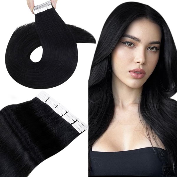 Hetto Tape in Hair Extensions Human Hair #1 Jet Black Tape in Hair Extensions Invisible 22 Inch Real Human Hair Tape in Extensions Seamless Double Sided 50g 20pcs