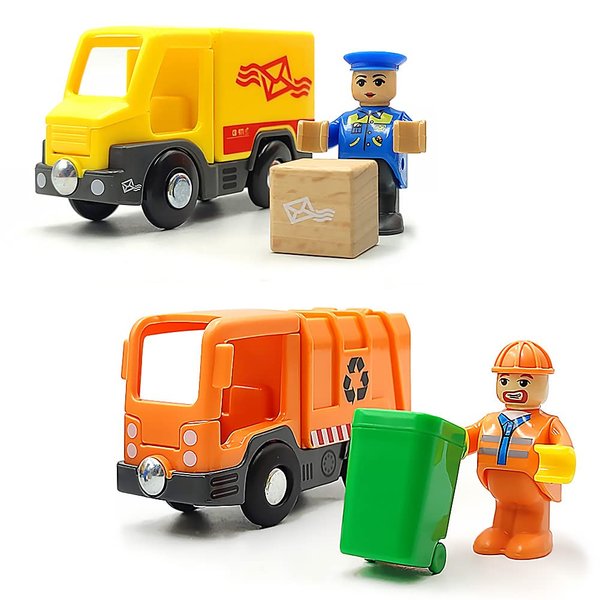 DSHMIXIA Garbage Mail Truck Small Toys Cars for 3 5 Year Old Boys Magnetic Couplings City Vehicle for Wood Train Set for Children Inside Outside Toys (City Set)