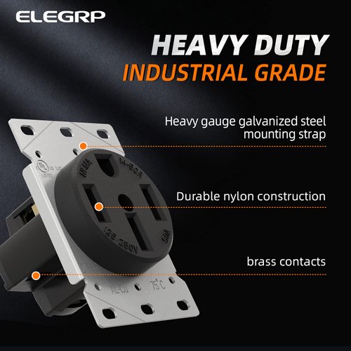 ELEGRP 50 Amps 125/250V Range Oven Stove Receptacle, Flush Mounting Power Outlet, NEMA 14-50R, Straight Blade Heavy Duty Range Receptacle, Grounding, 3 Pole 4 Wire, UL Listed, 1 Pack