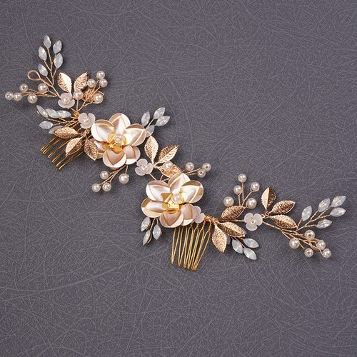 Teyglen Wedding Gold Rhinestones Hair Comb Dainty Flower Leaf Crystal Pearls Hair Comb Bridal Headband Hair Accessories Crystals Bridal Side Hair Comb Hair Pieces for Women Bride Girls (Gold)