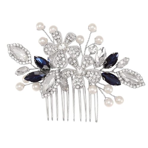 Bridal Wedding Crystal Hair Comb, Handmade Blue Rhinestone Hair Clips Bridal Headpiece Sparkly Crystal Hair Pin Side Combs Hair Accessorie for Women Girls