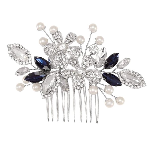 Bridal Wedding Crystal Hair Comb, Handmade Blue Rhinestone Hair Clips Bridal Headpiece Sparkly Crystal Hair Pin Side Combs Hair Accessorie for Women Girls