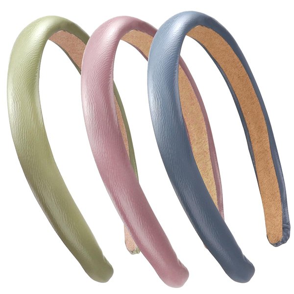 NARUNING 3 Pcs Padded Headbands for Women, Solid Color Leather Hair Band, Headhoop, Fashion Headwear, Girls Women Hair Accessories (Blue/Purple/Green)