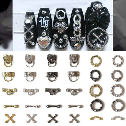 Dornail 30pcs Vintage Punk Alloy Nail Charms 3D Cross Nail Charm Hollow Hanging Rings Latch Metal Nail Art Charms for Nails Jewelry Gothic Design Nail Accessories Nail Supplies Nail Art Decorations