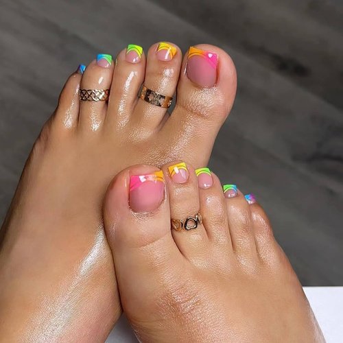 24Pcs French Toe Nail Press ons Pink Press on Toenails for Women Short Square Fake Toenails with Colorful French Tip Design Fake Toe Nails Acrylic Nails Summer Manicure Glossy Toenail Press on Nails