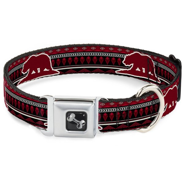 Dog Collar Seatbelt Buckle Cali Bear Aztec4 Black Dark Reds Cream 9 to 15 Inches 1.0 Inch Wide