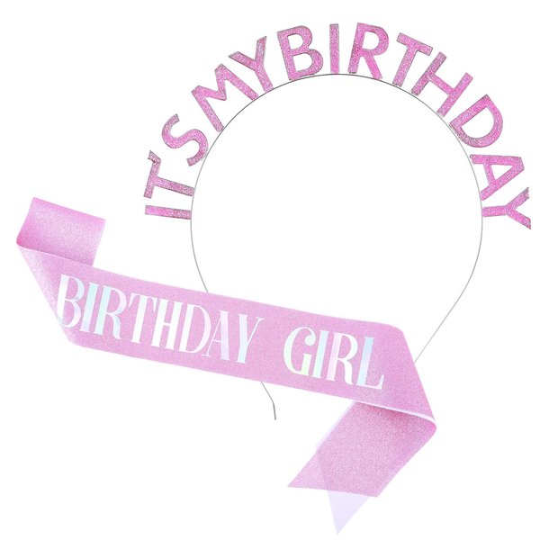 Dimeho Birthday Sash Birthday Crowns for Women, It's My Birthday Headband Glitter Pink Birthday Sash and Birthday Tiara set Happy Birthday Headpiece Princess Hair Accessories for Women Birthday Gifts