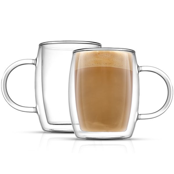 JoyJolt Double Wall Glass Coffee Mugs - 13.5oz Double Walled Glasses, Thermal Borosilicate Glass Insulated Coffee Mug. Clear Coffee Glass Cup, Cappuccino Mug, Iced Coffee Cup, Tea Mugs