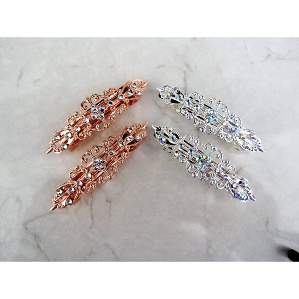 Small pair of antique silver or rose gold crystal hair clip clamp (Crystal option: With crystals, Primary color: Silver)
