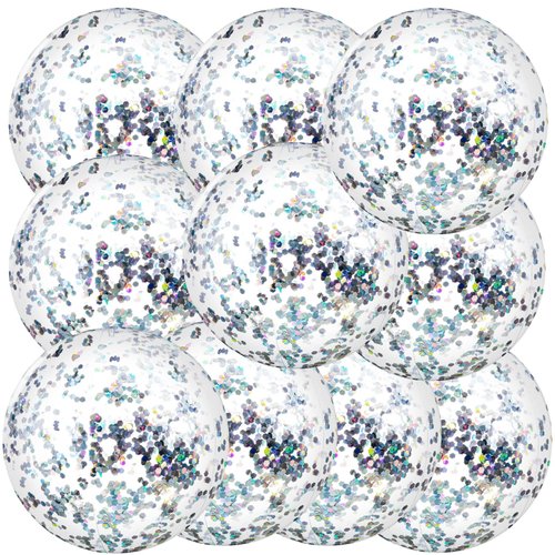 10 Pieces Inflatable Beach Balls Glitter Beach Ball Swimming Pool Balls Floatable Confetti Ball for Summer Beach Pool Party Favor for Kids Adults, 16 Inch (Silver)