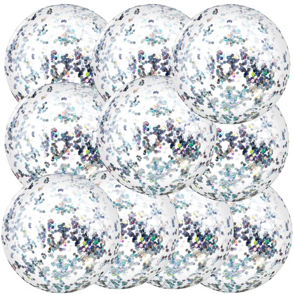 10 Pieces Inflatable Beach Balls Glitter Beach Ball Swimming Pool Balls Floatable Confetti Ball for Summer Beach Pool Party Favor for Kids Adults, 16 Inch (Silver)