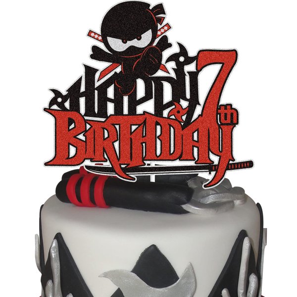 Ninja Happy 7th Birthday Cake Topper Black Red Glitter 7 Seven Years Old Birthday Karate Kung Fu Warriors Cake Decoration Happy Seventh Birthday Ninja Anime Theme Party Birthday Supplies for Boys Kids