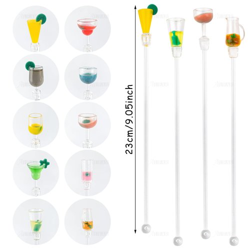 AUEAR, 10 Pack Swizzle Sticks Acrylic Colorful Cocktail Drink Stirrer Clear Shafts for Bars Cafes Restaurants Home Use
