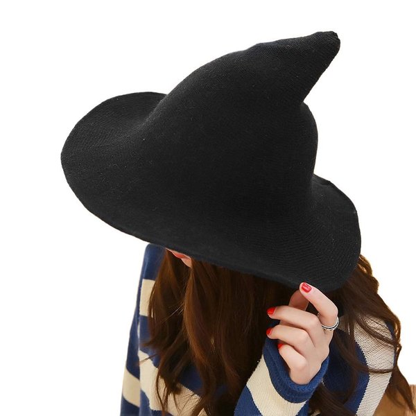 PLENMOR Modern Witch Hat, Felt Witch Hat Foldable Candy Colored Wool Knit Witch Hat for Halloween Party Cosplay Costume and Daily (Black)
