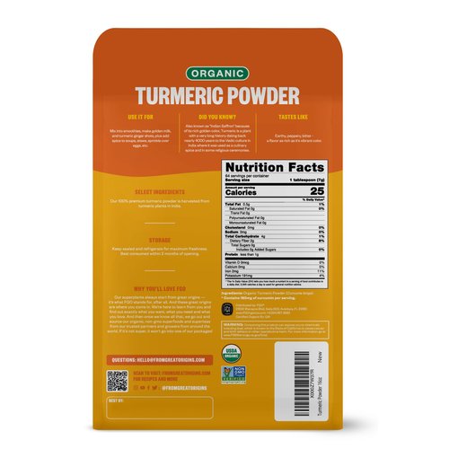 FGO Organic Turmeric Powder w/Curcumin, 100% Raw from India, 16oz, Packaging May Vary (Pack of 1)