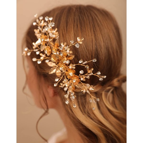Jumwrit Bridal Hair Comb Rhinestone Crystal Headpiece Handmade Flower Leaves Pearl Hair Comb for Bride Bridesmaid Wedding Hair Accessories for Women Girls（Gold）