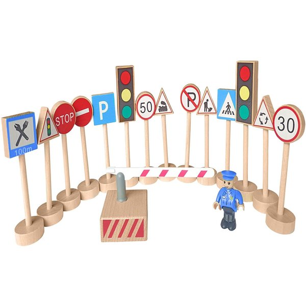 Kaptin 15 Pcs Wooden Street Signs Playset, Traffic Signs Lights Playset for Children Play