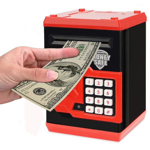 Adsoner Cartoon Piggy Bank, Electronic ATM Password Cash Coin Can Auto Scroll Paper Money Saving Box Gift for Kids (Red)