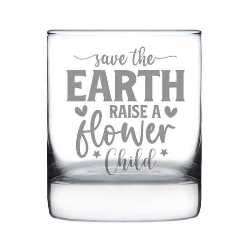 Save The Earth Design Rocks Glass, Hand Engraved 10oz, Etched Drinkware, Eco Friendly Gifts, Gift for Nature Lovers, Flower Child Glass